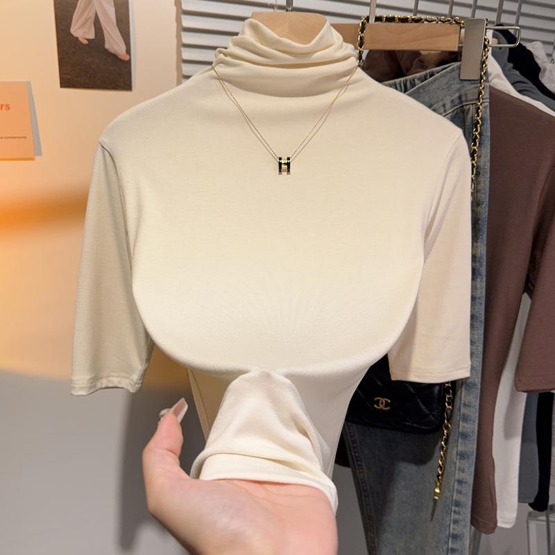 Product Introduction of Shoulder-length black half-high neck mid-sleeve t-shirt women's pre-fall 2024 undershirt with five-quarter sleeve top 5