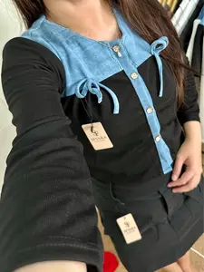 SEVARA Vena CROP Top 1202 - Atasan Longslevee (Lengan Panjang ~ Pendek) Knit Kombinasi Denim OOTD Korean Style