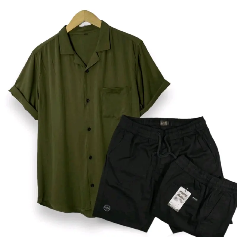 OneSet Pria Kemeja Polos Rayon Twill Celana Pendek Boardshort Premium Setelan Pria Casual 1