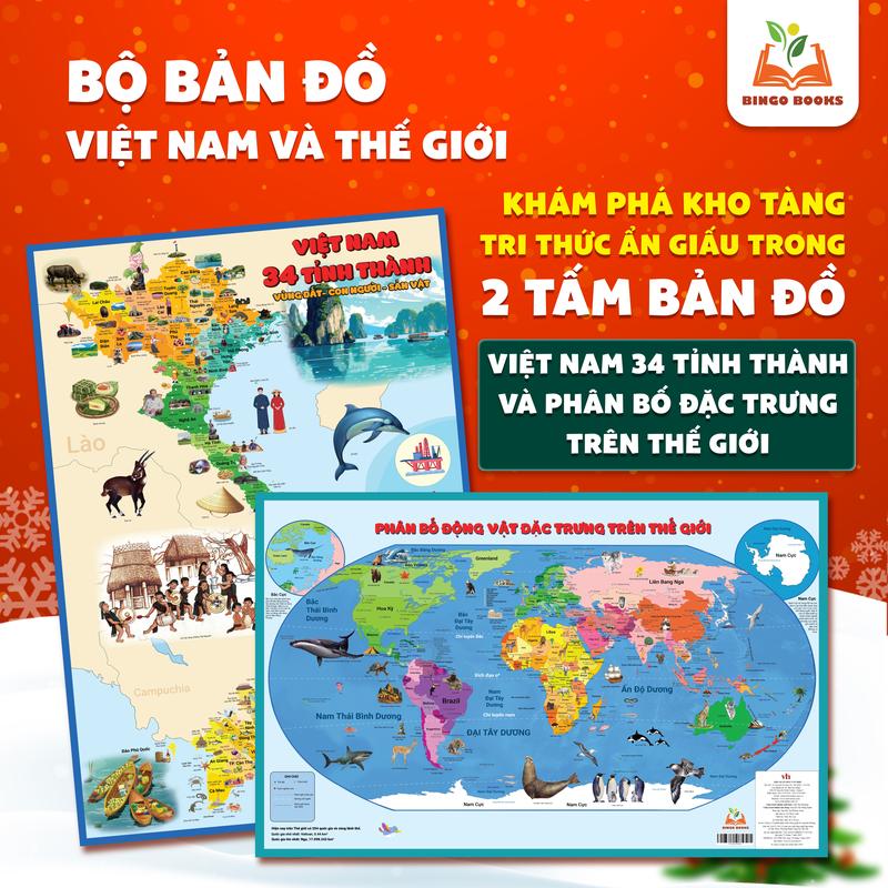  Bản Đồ Việt Nam 34 Tỉnh Thành & Bản Đồ Thế Giới Treo Tường Cho Trẻ KT 60x90cm Bản Đồ Địa Lý Việt Nam Thế Giới Thể Hiện Lịch Sử Văn Hoá  Dễ Nhìn Dễ Nhớ Decor Phòng - Bingo Books 