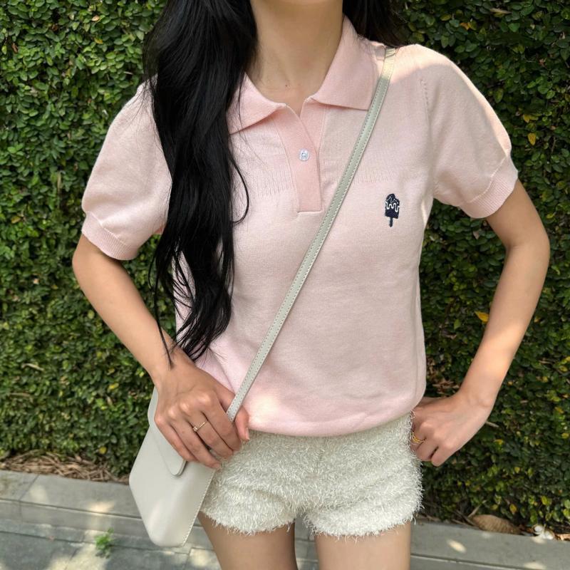 Calem.Club - Áo Polo Nữ Dệt Kim ICEPOP họa tiết Thêu Mini vải trơn form nữ áo kiểu nữ