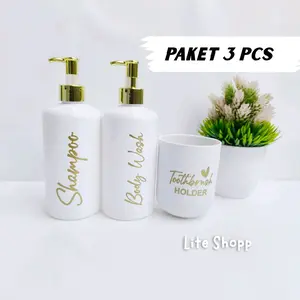 PAKET 3 PCS Botol Sabun Cair Plastik 500ml GLOSY PUTIH TUTUP GOLD DAN SILVER
