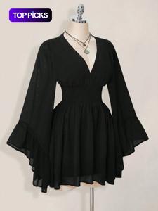 Vestido de estilo gótico para mujer con cuello en V y cintura con ribete, elegante vestido mini de manga larga, vestido de manga farol para otoño/invierno