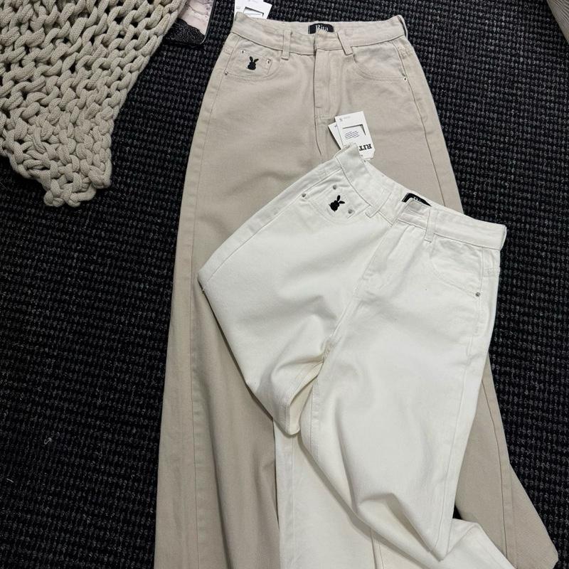 LIVE Quần Jean Bò Nữ Ống Suông Đứng Vừa Thêu Nhiều Màu Lưng Cao Vải Jean Kaki Mềm Lai Cuốn Có Nấm Lùn