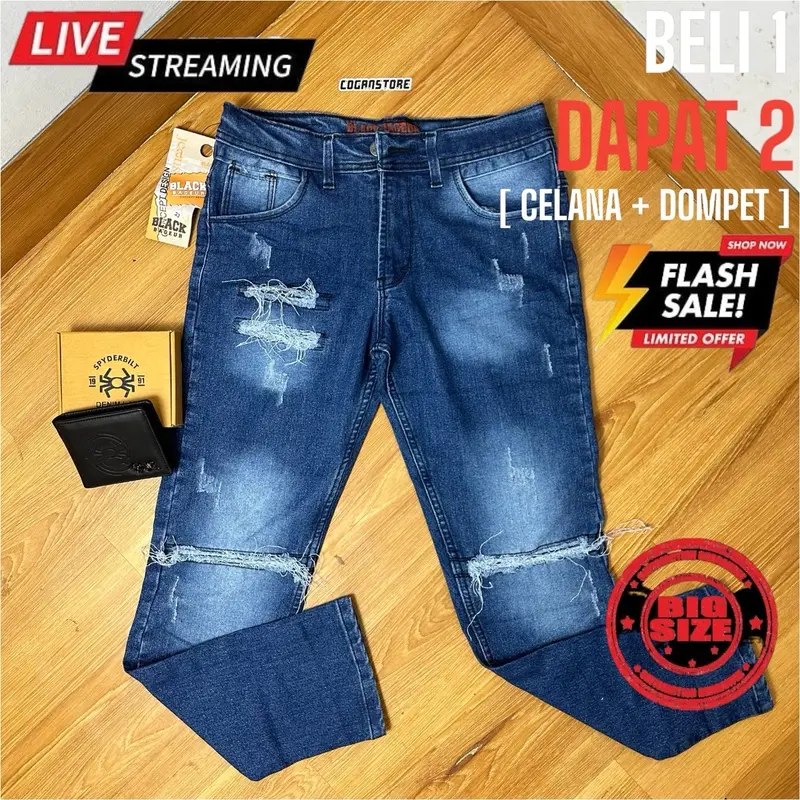 [BELI 1 DIKIRIM 2] Celana Ripped Jeans Karet Tidak Tembus + DOMPET “ JL07 “ 2