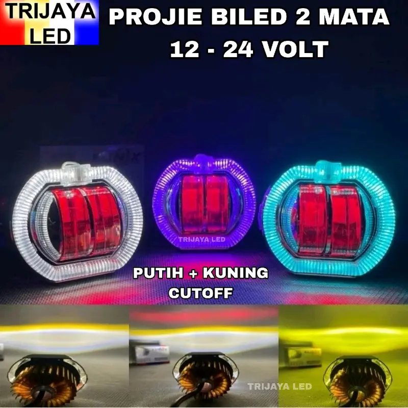 Lampu Tembak Sorot Depan LED Daymaker Biled 2 Mata 12 - 24 Volt Shroud Crystal 2 Warna Truk Bus Tronton Canter Fuso AE 8D Hi Lo High Low Jauh Dekat 3 Mode Strobo Kedip Flash Running Angel Eye Truck Bis Alat Berat Demon Eyes Angle Projie Utama Putih Kuning 0