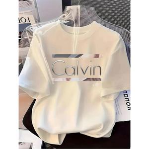 Camiseta Oversize de Mujer Calvin con Estampado de Letras, 100% Algodón, Diseño Geométrico, Cuello Redondo, Manga Corta, Ajuste Holgado, Lavable a Máquina, Tejido Transpirable, No Transparente, Ropa Casual para Primavera-Verano, Color Blanco