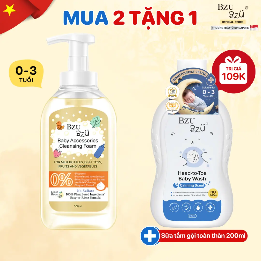Nước Rửa Bình Sữa Và Đồ Dùng Em Bé BZU BZU Baby Accessories Cleansing Foam Tạo Bọt Chai 500ml Hương Chanh