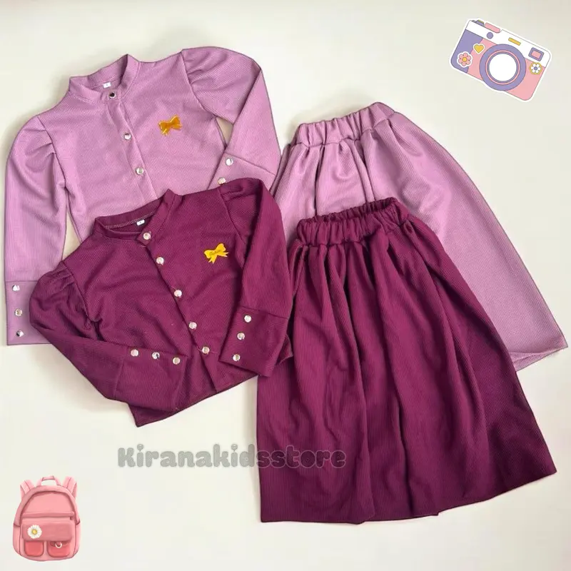 One Set Rok knit anak perempuan model baju crop untuk lebaran usia 3 sampai 12 tahun Muslim Nyaman Setelan Atasan 3