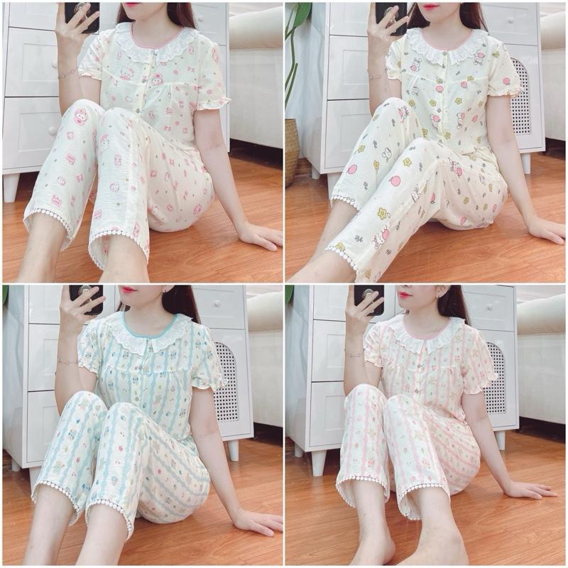 (Châu)Bộ đũi hình dễ thương cổ ren 5 khuy quần dài và lửng mềm nhẹ