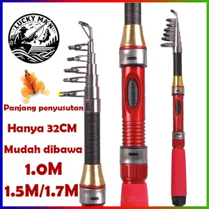 Joran pancing mini yang pendek, ringan, dan portabel, panjang 1,0m-1,7m, joran pancing teleskopik dengan cincin keramik.