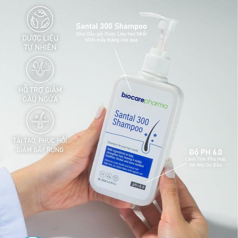 Dầu Gội Hỗ Trợ Giảm Gàu Nấm Santal 300 Shampoo Biocarepharma Với Thảo Mộc & Piroctone Olamine, Chăm Sóc Tóc Suôn Mượt Bồng Bềnh, Độ PH 6.0