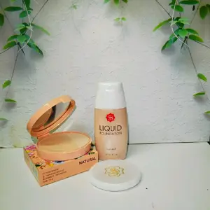 Paket Viva Liquid Foundation + Compact Powder Natural Box Oren // Face Powder 15g Bubuk Satin Smooth Natural Waterproof Wajah ~ Concealer Kosmetik
