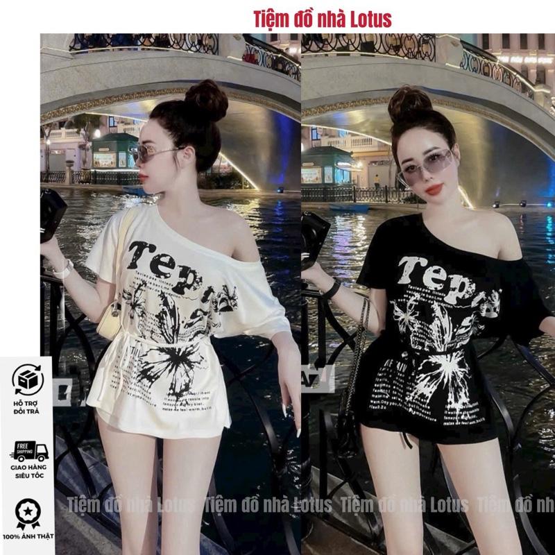 Kèm dây phối Video SP - Áo thun giấy lệch vai in hoạ tiết bướm Tiệm đồ nhà Lotus