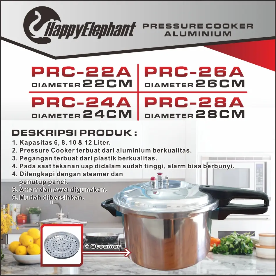 Panci Presto / Pressure Cooker Aluminium + streamer  10 Liter (26cm) & 12 Liter (28 cm) PRC-26 & PRC-28 Gagang Hitam  Happy Elephant