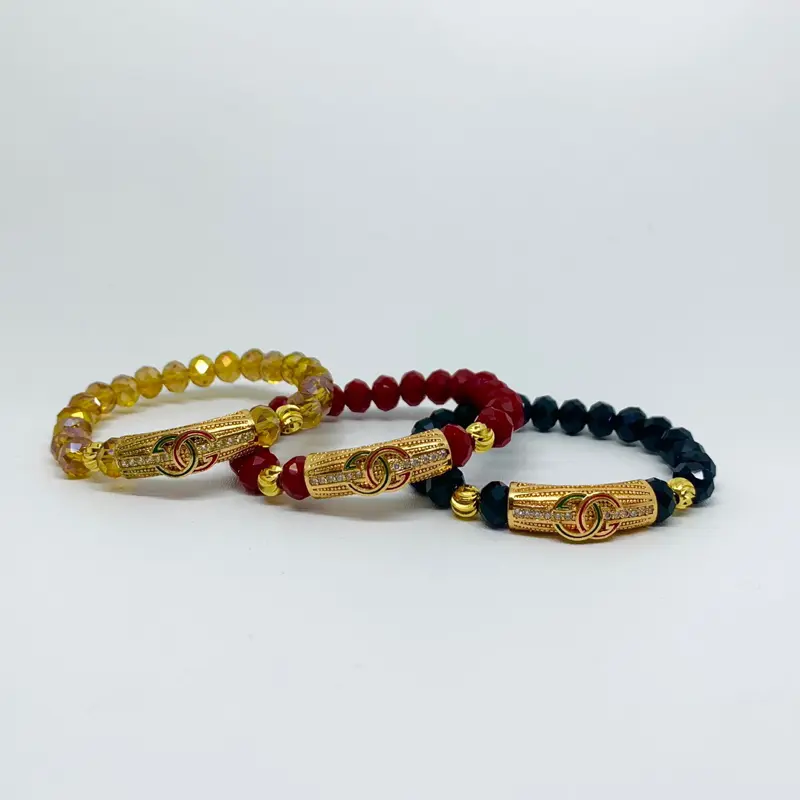 Gelang Kristal Ceko Elastis dengan Liontin Clover Hijau - Panjang 17cm - Bracelets 0