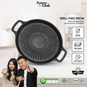 [EXCLUSIVE CECEKETARKETIR] Funnycook Grill Pan Ala Korea 38cm Ukuran Tebal Dan Kokoh Muat Banyak Anti lengket Kitchenware Alat Aluminium Granit Marble Panci