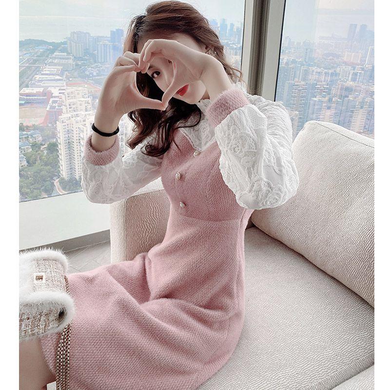 Váy Ren Cho Nữ, Hàng Mới Về, Hoàn Hảo Cho Mùa Thu Và Mùa Đông, cổ lọ thấp, Váy Dệt Kim Kèm Áo Len, Lý Tưởng Để Xếp Lớp