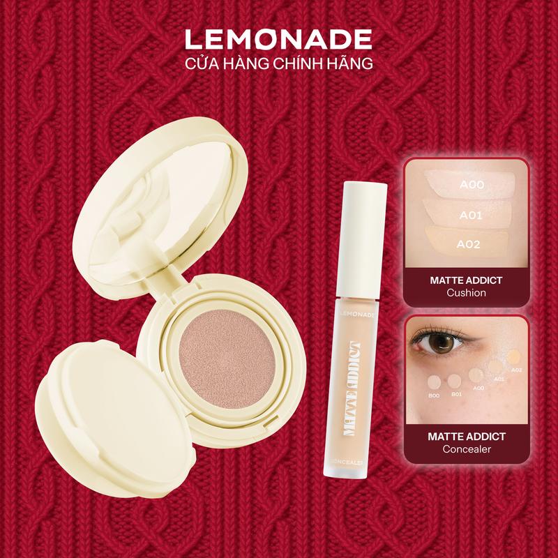 Combo 01 Phấn nước Lemonade Matte Addict Cushion 15g và 01 Kem che khuyết điểm Lemonade Matte Addict Concealer 3g