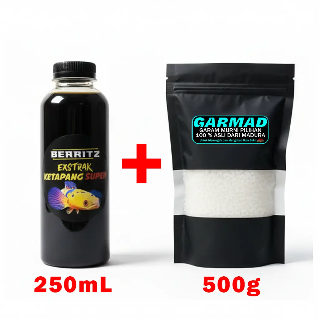 BERRITZ Paket Ekstrak Ketapang 250ml & Garam Ikan 500g Perawatan Air Aquarium Obat Ikan Hias Murni
