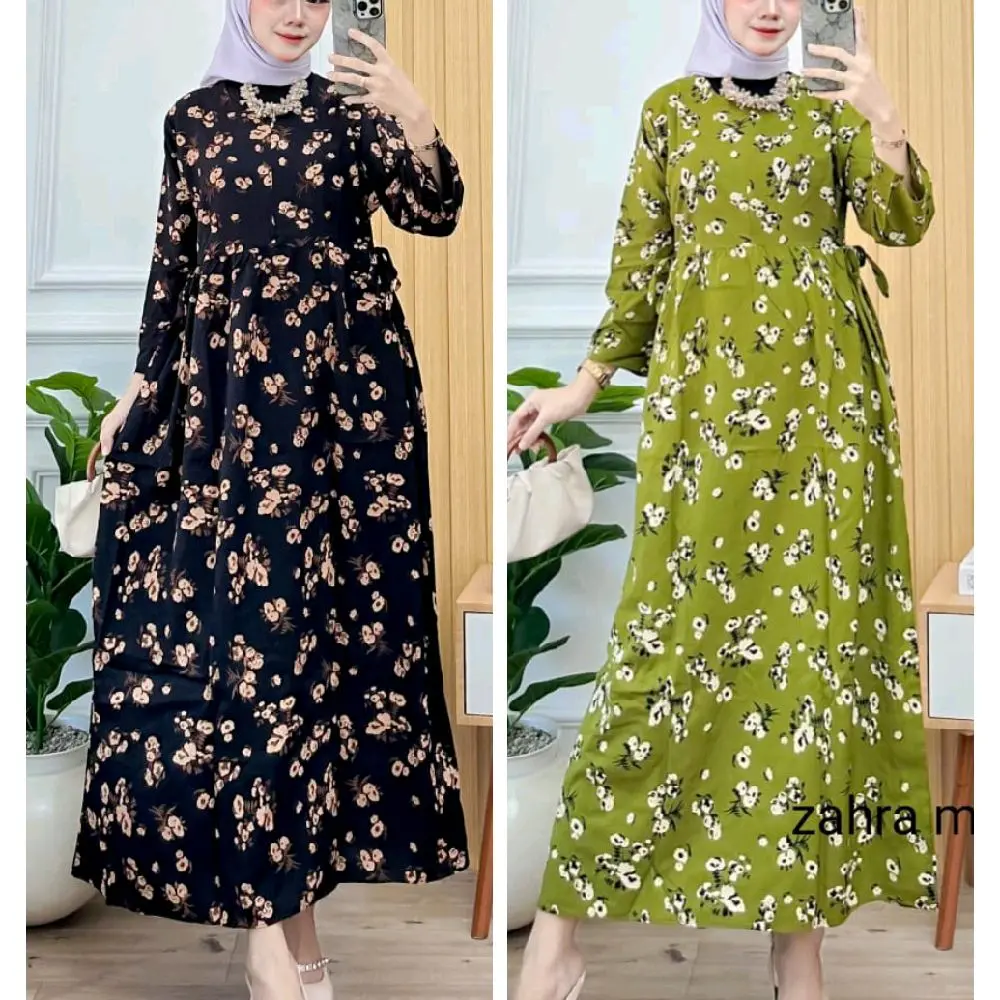 Midi dress Miranda Bahan Rayon Premium Lengan 3/4 Busui Friendly Motif Bunga Cantik Nyaman Santai Wanita - Lembut Katun Midi Muslim Panjang Gamis Variasi Tidur