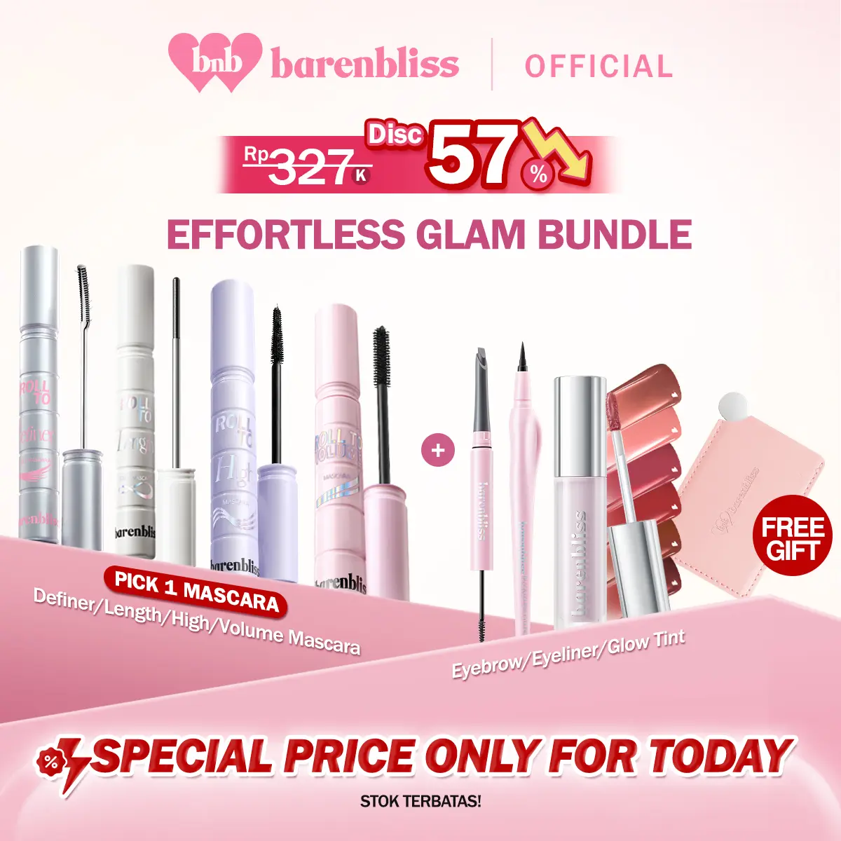 【FREE MINI MIRROR】BNB barenbliss Effortless Glam Bundle (Mascara Roll To High/Volume/Length/Definer + Glow Tint/Eyebrow/Eyeliner)