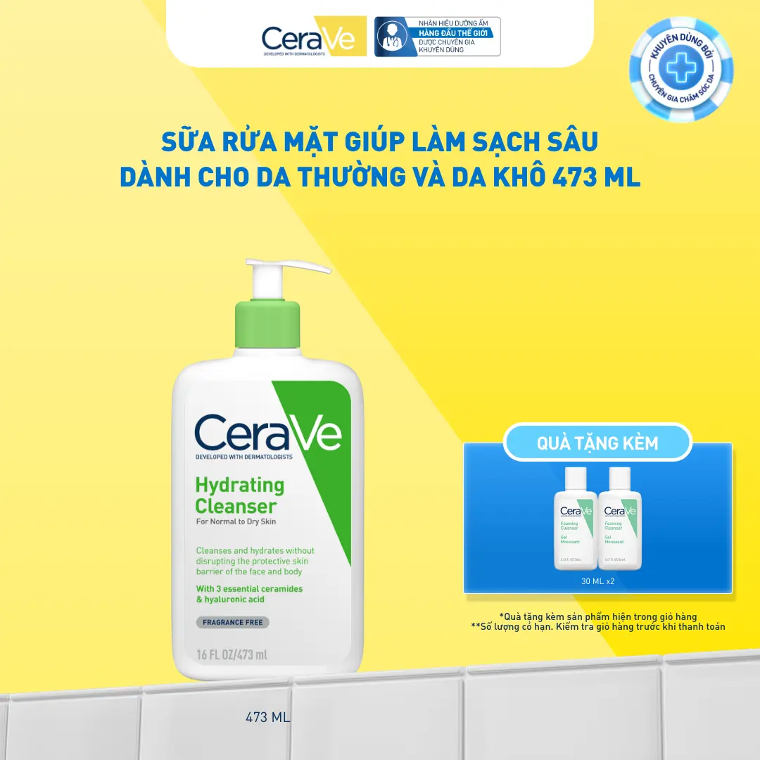Sữa rửa mặt giúp làm sạch sâu dành cho da thường và da khô Cerave Hydrating Cleanser 473ML, dạng gel không tạo bọt làm sạch sâu dịu nhẹ và cung cấp độ ẩm cho da. Chăm sóc da_Sữa rửa mặt_Skincare cho Nam và Nữ_Cleansing