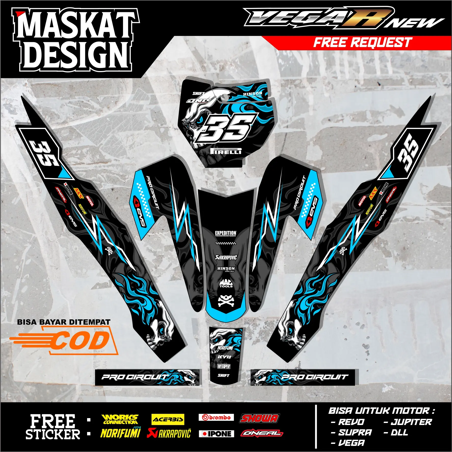 Sticker Motor RBT/GTX VEGA R New: Modif SUPERMOTO YZ CRF KLX KX KTM RBT GTX - Maskat Design 24.07 Motorcycle Glosy
