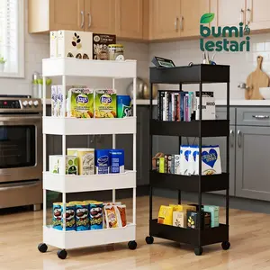 Bumi Lestari Rak Troli Square 4 Tingkat dengan Roda Pegangan Rak Dapur Serbaguna Bahan Plastik Tebal Kokoh Desain Minimalis Modern 35x20x87 Cm salon skincare susun Universal White Storage Holders & Racks slim organizer kitchen 3