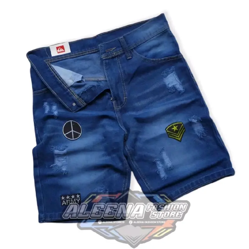 Celana Pendek Jeans Pria Model Sobek Emblem Bordil Size 27-38 Distro Skinny Denim Hitam Cowok Dewasa Biru 0