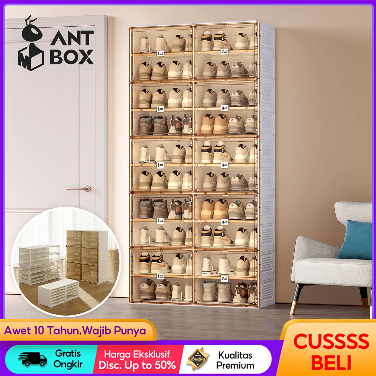 ANTBOX Rak Sepatu 10Tingkat Kapasitas Besar Kotak Sepatu Lipat Transparan Minimalis akrilik Lemari Sepatu Tertutup Anti Debu Organizer Estetik Praktis untuk Rumah dan Kantor Storage Box Akrilik untuk Penyimpanan Sepatu Mudah Bongkar Pasang kotak serbaguna