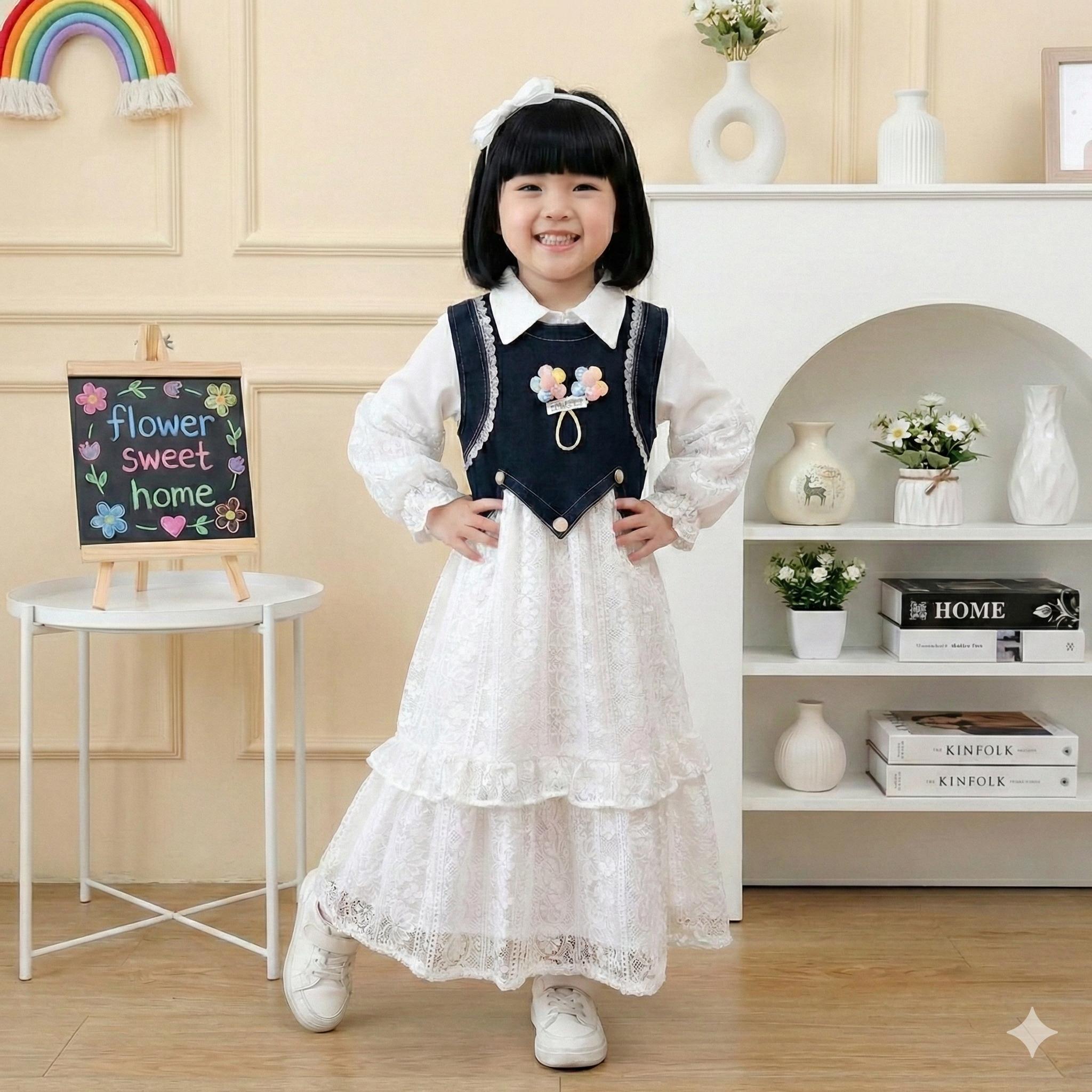 Gamis Dahlya Anak Rompi Jeans Mix Brukat malika Model Korean Farian bunga Cantik Kekinian Anak Perempuan Usia 3 - 10 Tahun Dress Kekinian Lengan Panjang Baju Muslim Anak Perempuan Gams Lebaran Anak Perempuan Lebaran 2026