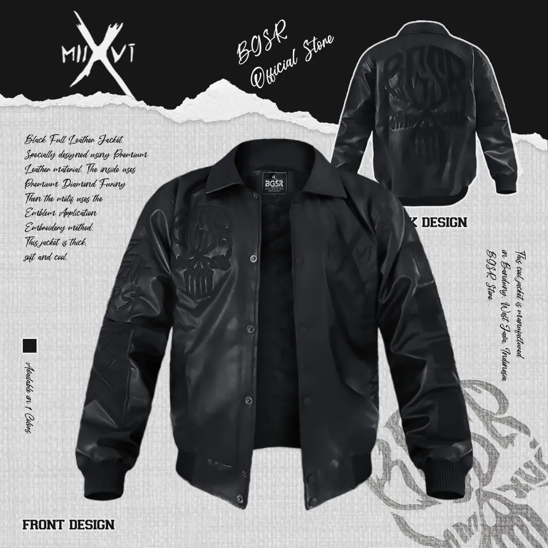 BGSR Jaket Kulit Cowok Motor Anti Angin Varsity Baseball Windbreaker Pria JACKET LEATHER FULL BLACK Baju Hitam Panjang Bordir