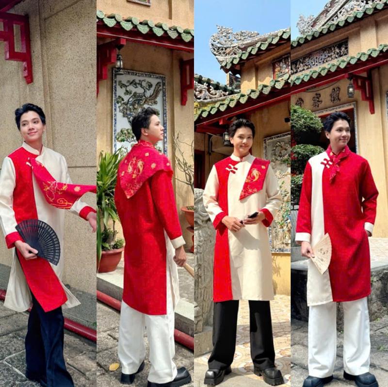 Mở Bán Tặng Khăn Bandana Áo Dài Nam Cách Tân "Minh Xuân Ngũ Phúc" Phối Hai Màu Chất Liệu Dày Dặn Tặng Khăn Ngũ Phúc May Mắn Mr Smile 99 Shop AD07