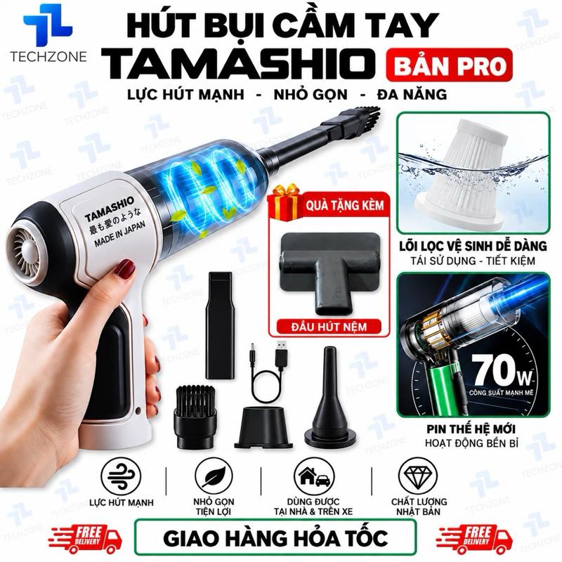 [ TẶNG ĐẦU HÚT NỆM ] Máy Hút Bụi Cầm Tay Không Dây Nhật Bản TAMASHIO 8 Đầu Hút, Máy Hút Bụi Ô Tô,  BH 12 Tháng