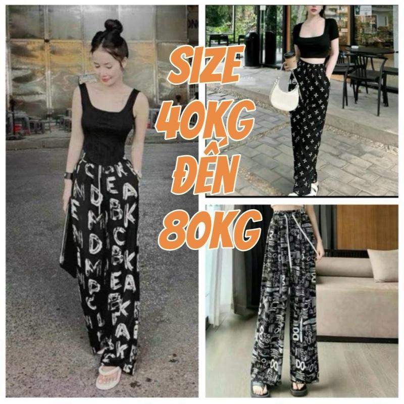  Quần suông ống rộng - vải lụa cạp chữ nhiều hoạ tiết 
