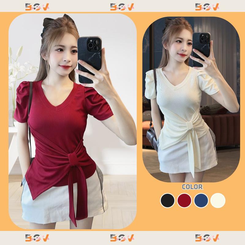 Áo cổ tim vạt chéo thắt dây nơ tôn eo hack dáng tính ứng dụng cao, dễ phối đồ vải Tăm Hàn mềm mịn co giãn 4 chiều