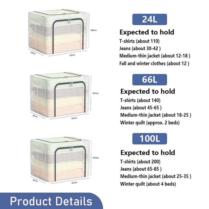 SimHome 24L/66L/100L Clothes Storage Box Transparent Foldable Storage Bins With Lids Waterproof Storage Organizer With Steel Frame Kotak Simpanan