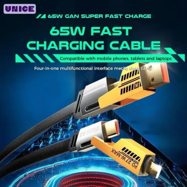 Charger Cable, Four in One, Super Fast Charging, Equipped with Nylon Wire and Zinc Alloy Interface, Suitable for iPhone and Android