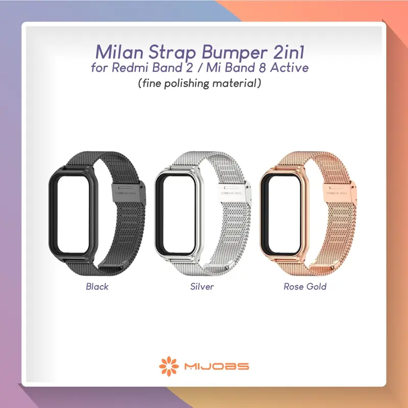 MIJOBS Milan Stainless Strap for Xiaomi Mi Band 8 ACTIVE / Redmi Band 2 (Tali Jam Buckle with Cover Case Frame Band8 Band2) 1