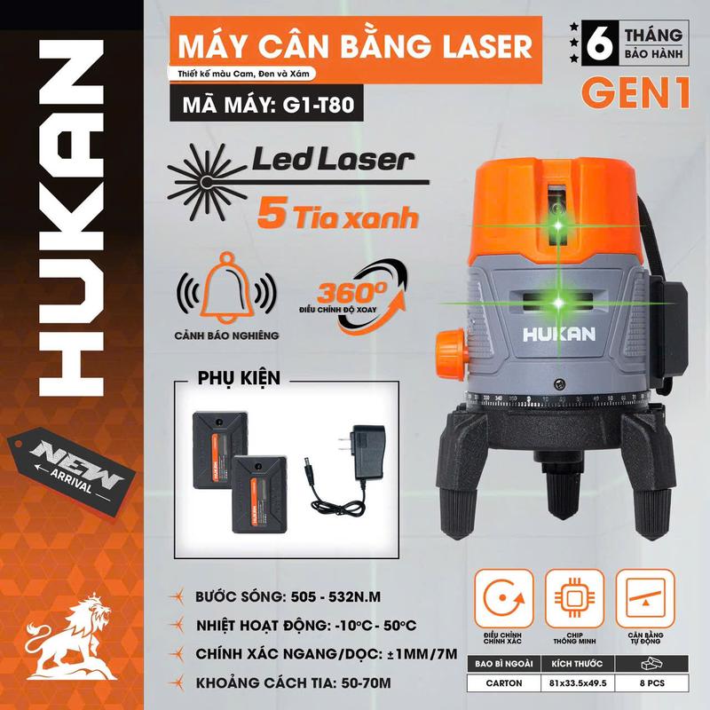 Máy Cân Bằng Laser 5 Tia Xanh Siêu Sáng Hukan G1 - T80 Kèm 2 Pin Dung Lượng Cao Chính Hãng Hukan