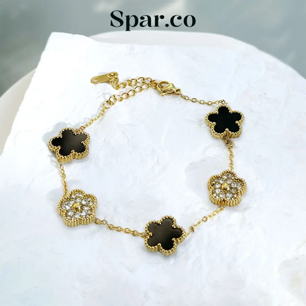 Spar co Gelang Bunga Zircon Varian Hitam Putih Anti Karat - Perhiasan Titanium Wanita Model Bunga Berlian High Quality Flower Bracelet SP-AAD1106