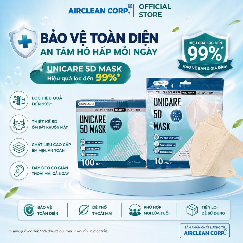 UNICARE 100 Chiếc KHẨU TRANG 5D UNICARE 5 Lớp dày dặn form to che kín khuôn mặt…
