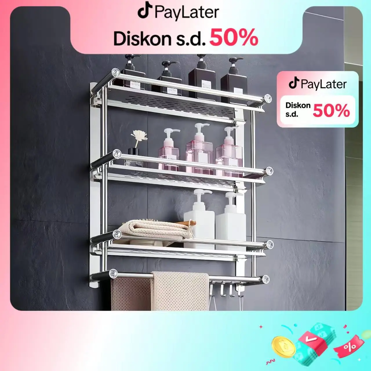 Rak Kamar Mandi Gantung Tempat Handuk Sabun Stainless Steel 1/2 /3Susun panjang 40cm Rak Handuk Kamar Mandi