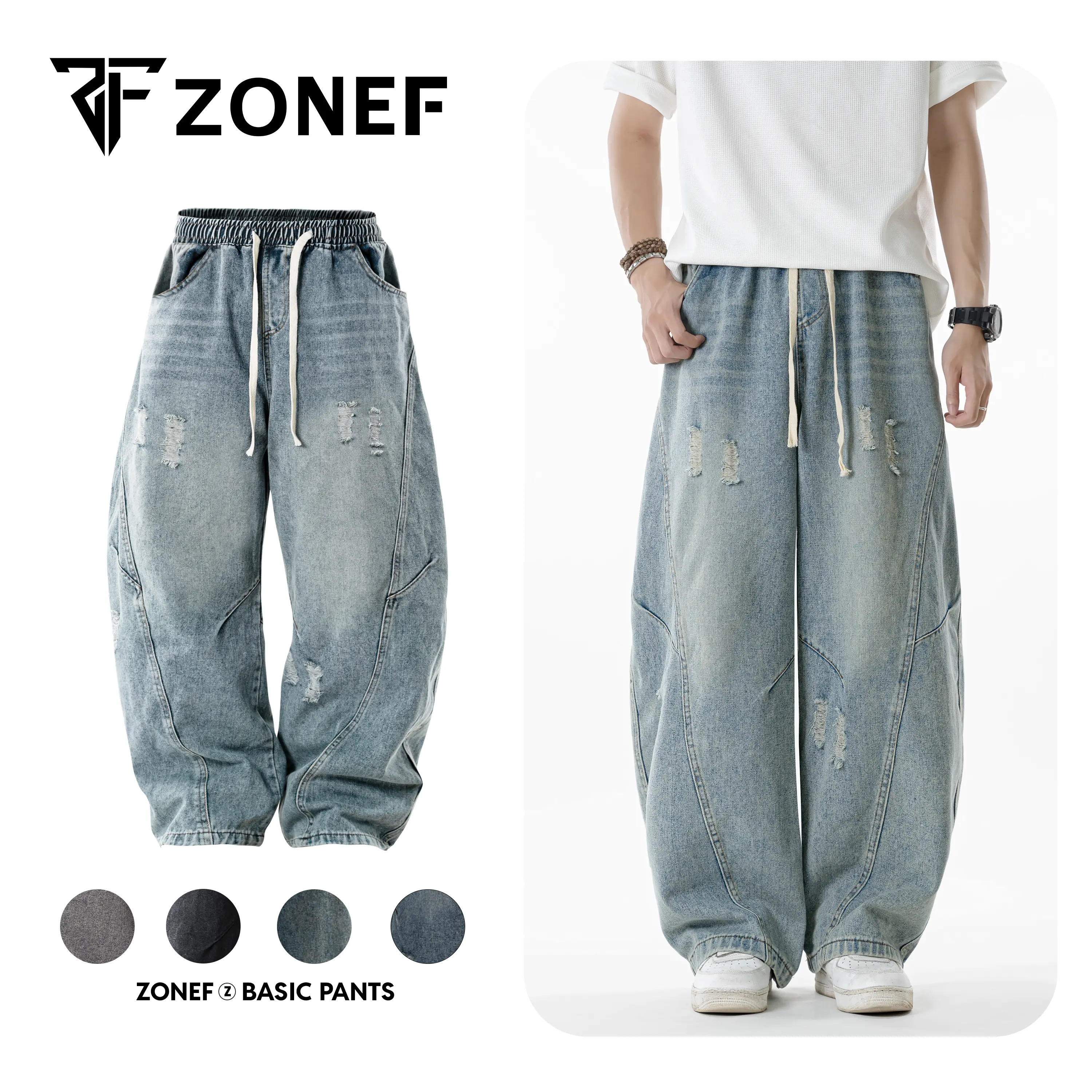 [CÓ BIGSIZE] Quần Jean Ống Cong Form Rộng RETRO Cạp Chun Dây Rút By Zonef Studio, Jean Wash Ống Rộng Unisex Phong Cách Streetwear