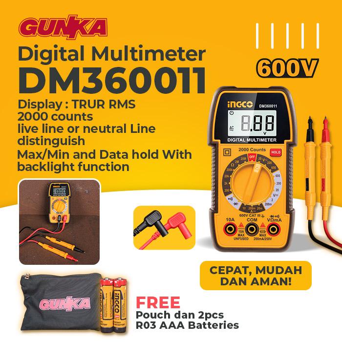 Gambar (FREE POUCH) Digital Multimeter (600V) INGCO DM360011 Alat Pengukur Tegangan AC DC Amper Multi Multimeter Otomatis Baterai dari INGCO Tools by GUNKA Kab. Karawang Tokopedia