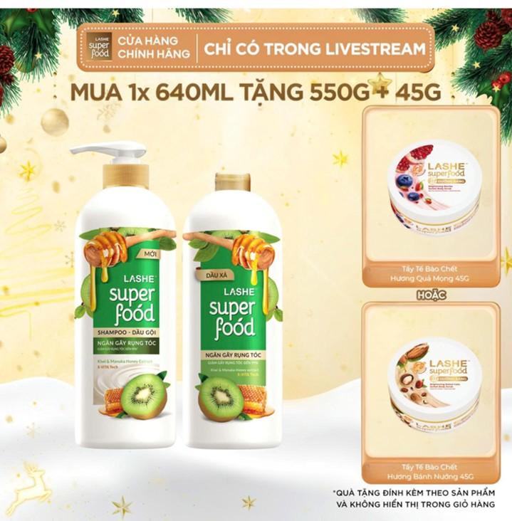 KOL BEAUTY x LASHE SUPERFOOD Combo Dầu gội LASHE SUPERFOOD ngăn gãy rụng tóc 640G + Tặng Dầu xả LASHE SUPERFOOD ngăn gãy rụng tóc 550G & Kem Tuyết Tẩy Tế Bào Chết LASHE SUPERFOOD Dưỡng Sáng Da Hương Quả Mọng Hương Bánh Nướng 45G