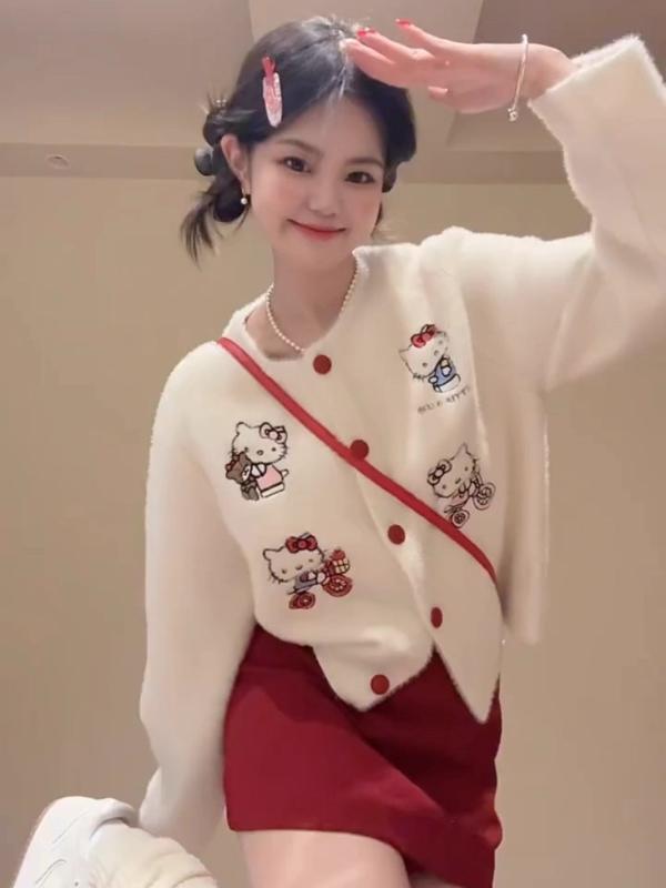   MỞ BÁN  Áo Khoác Cardigan Nữ Hình Thêu Hello Kitty Cute - Áo Khoác Dạ 2 Da Cúc Đỏ Mặc Đi Học Đi Chơi Mùa Đông Hack Tuổi Giá Rẻ han2012 
