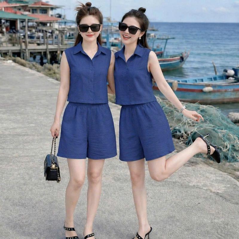 Set đồ nữ Summer Vibes sát nách, quần cộc, lưng thun phía sau, chất liệu Đũi vân đã qua xử lý