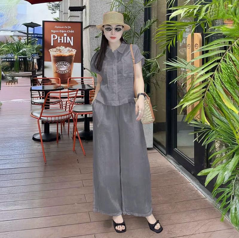 sét đồ nữ sơ mi 10 màu - tay ngắn , quần ống suông , lưng thun phía sau , chất liệu Đũi tơ xước đã qua xử lý , không co rút, thoáng mát